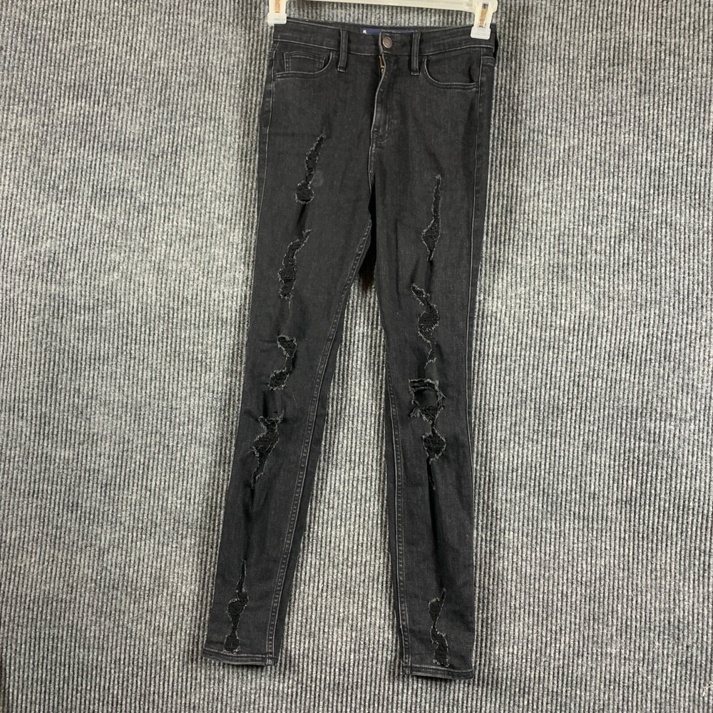 Hollister Jeans Womens Juniors 1 Black Super High Rise Skinny Distressed 26x28‎